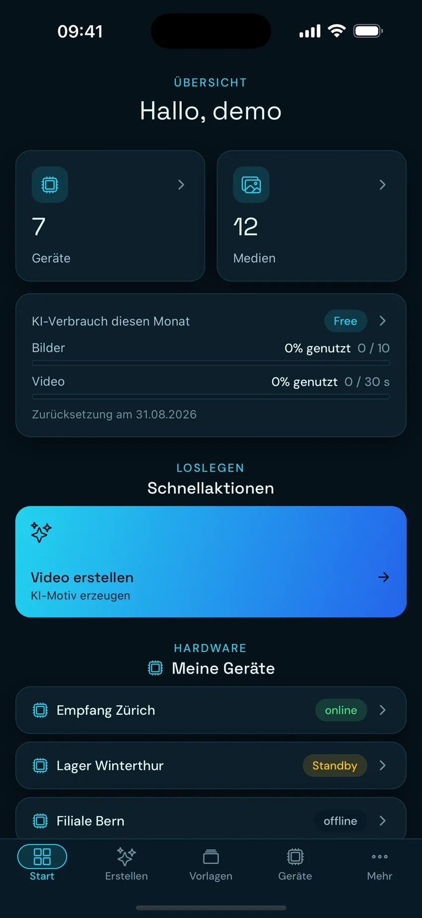 App-Bildschirm „Übersicht“: Geräteanzahl, Medienanzahl, KI-Verbrauch und die eigenen Hologramm-Geräte mit Status online, Standby und offline