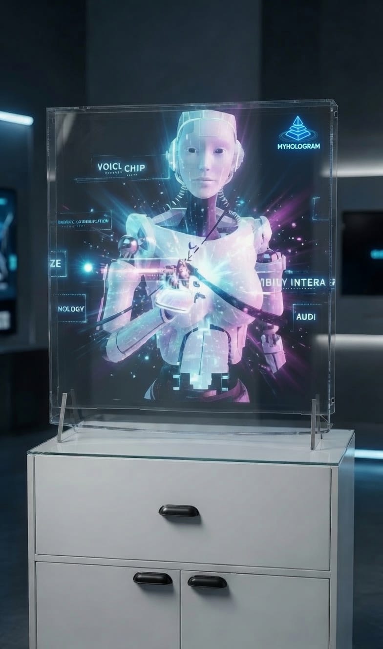 Hologramm-Vitrine im Showroom mit schwebendem Roboter-Motiv